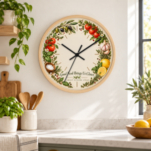 Botanical kitchen wall clock with tomatoes, olives, garlic and lemon by Family Flavor Atlas
