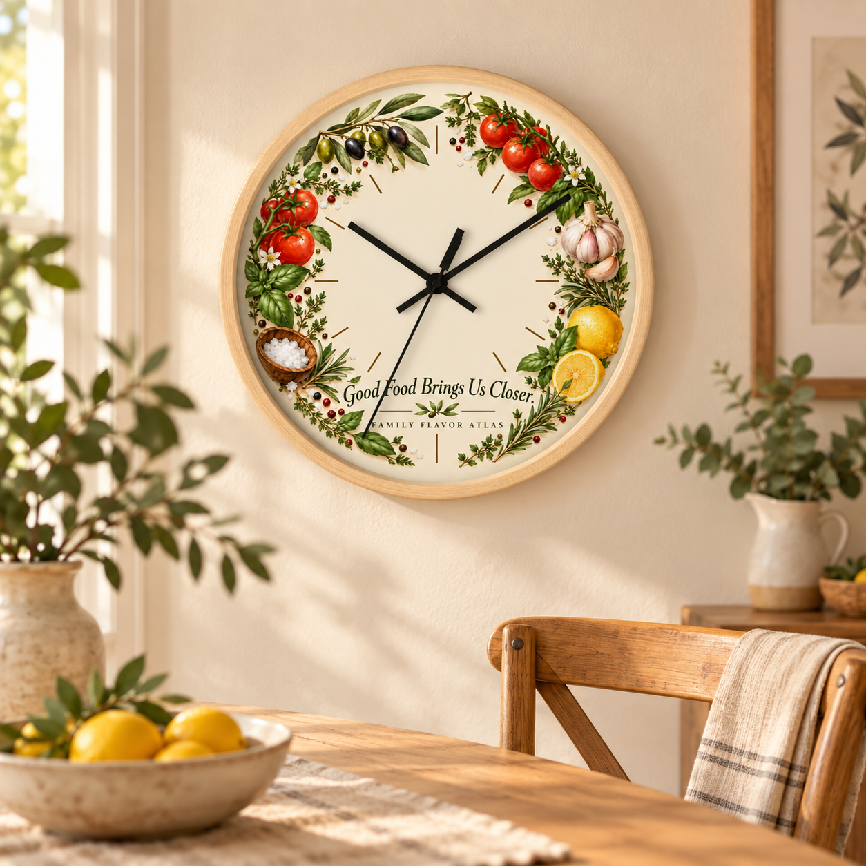 Botanical Kitchen Wall Clock – Good Food Brings Us Closer - Image 3