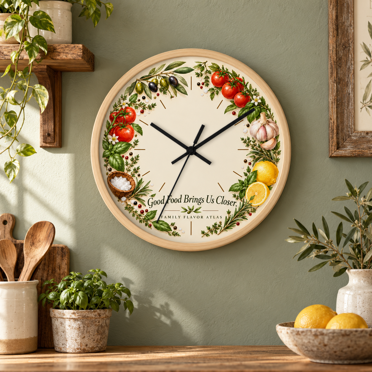 Botanical Kitchen Wall Clock – Good Food Brings Us Closer - Image 2