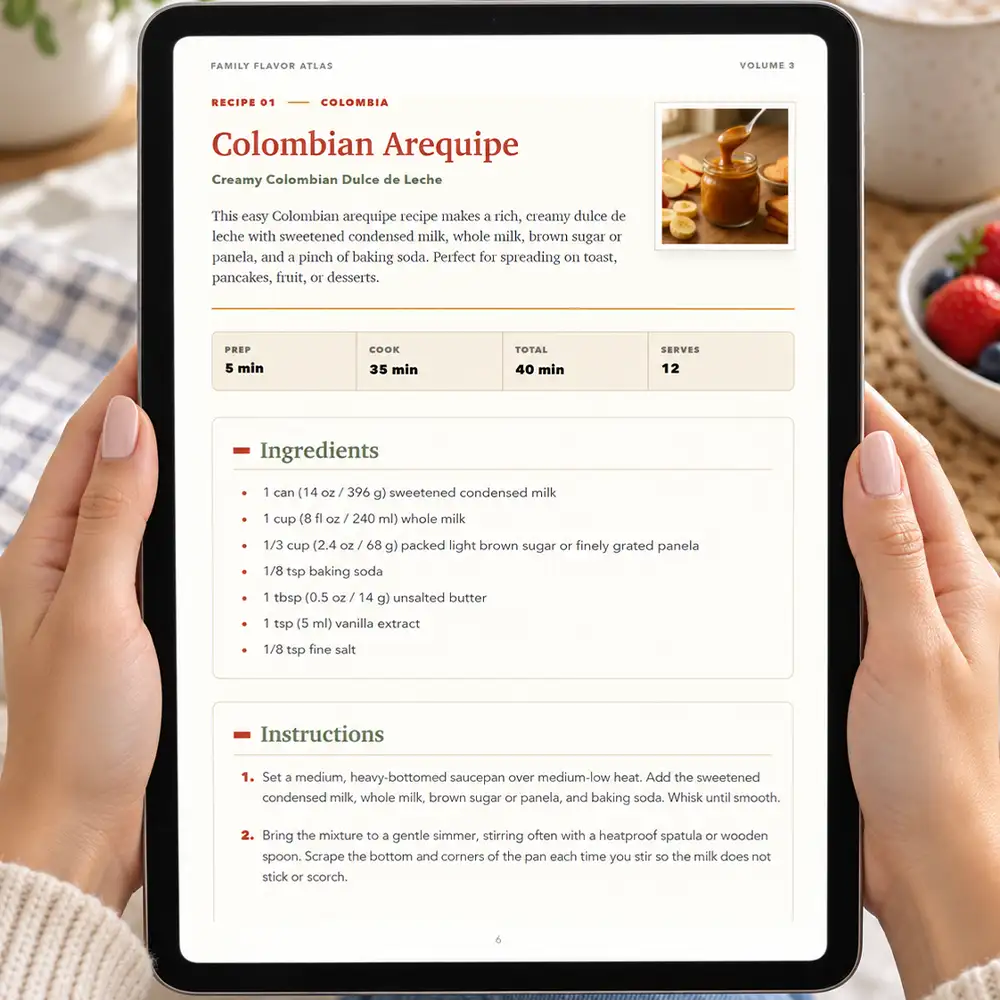 International family cookbook on tablet featuring Colombian Arequipe recipe