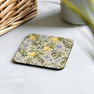 Mediterranean lemon cork coaster with olives and blue botanical motifs