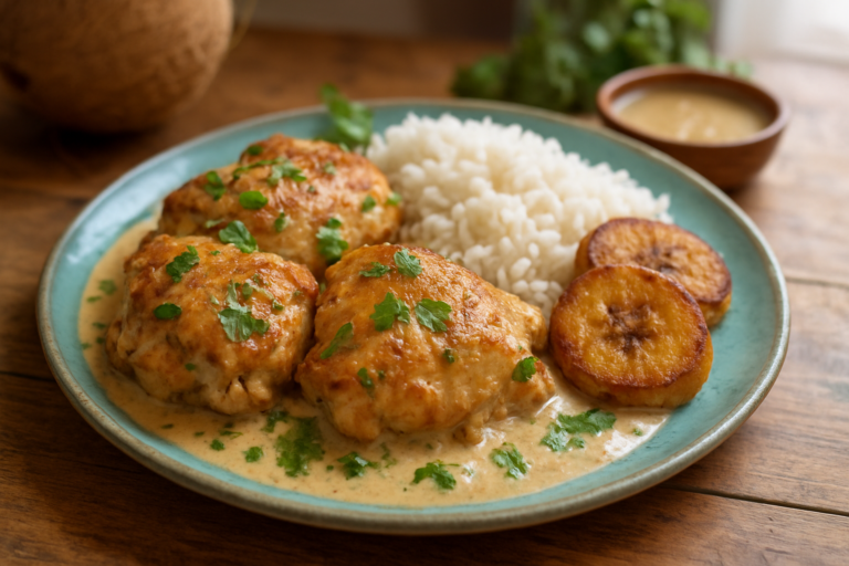 Easy Caribbean coconut rum chicken recipe served for dinner