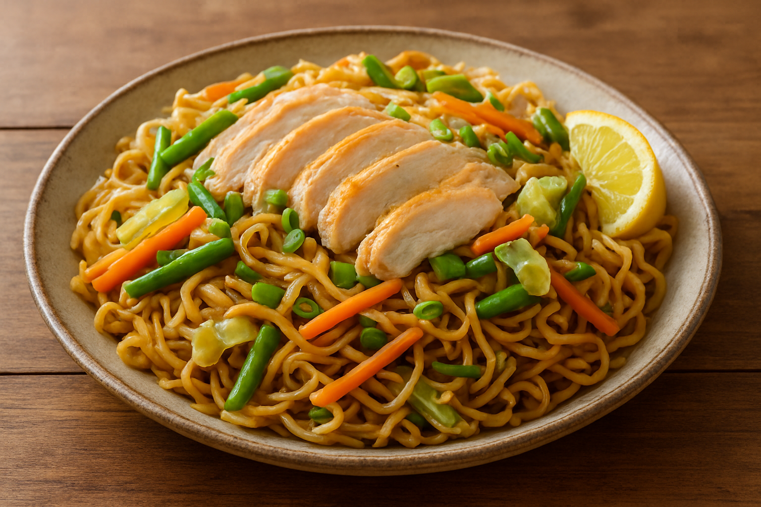 Filipino pancit canton noodles with chicken and vegetables