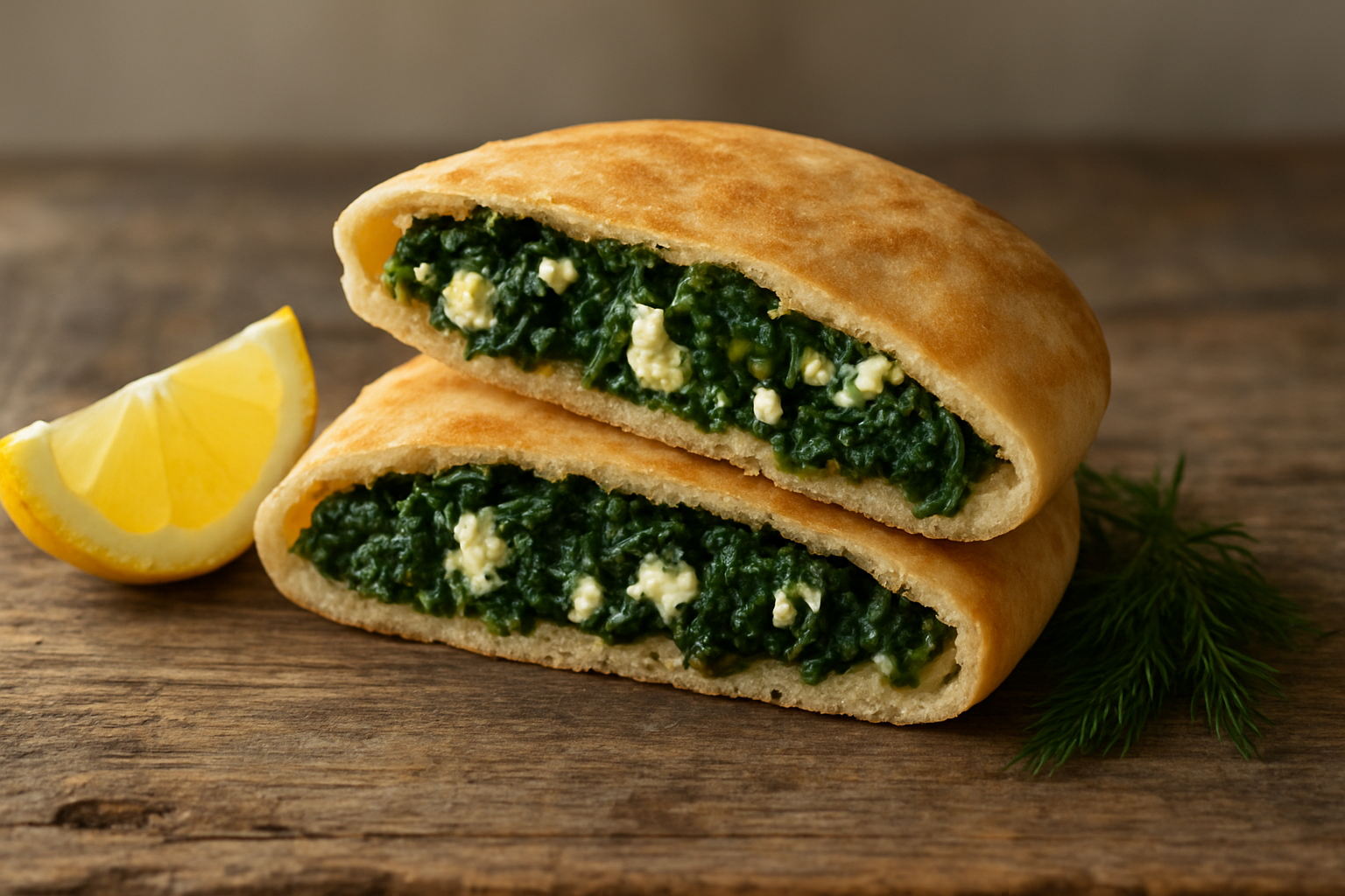 Greek spinach and feta stuffed pitas with lemon and dill