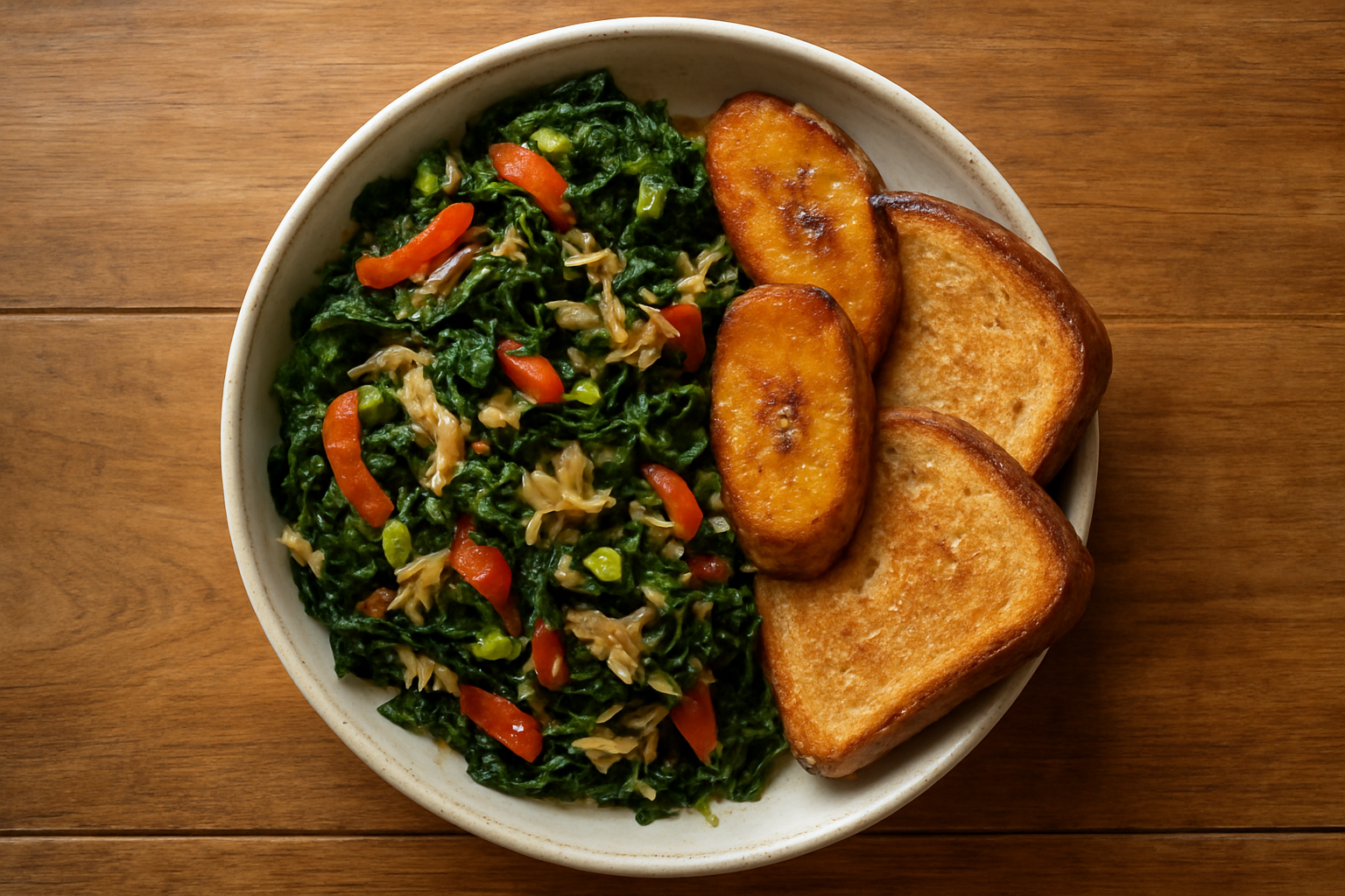 Jamaican callaloo and saltfish with toasted bread on a plate