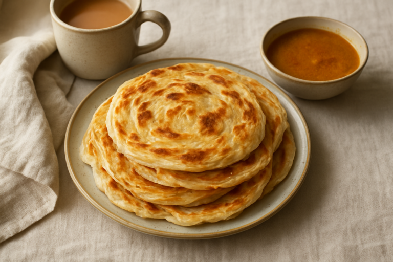 Easy Malaysian roti canai recipe with flaky layered flatbread