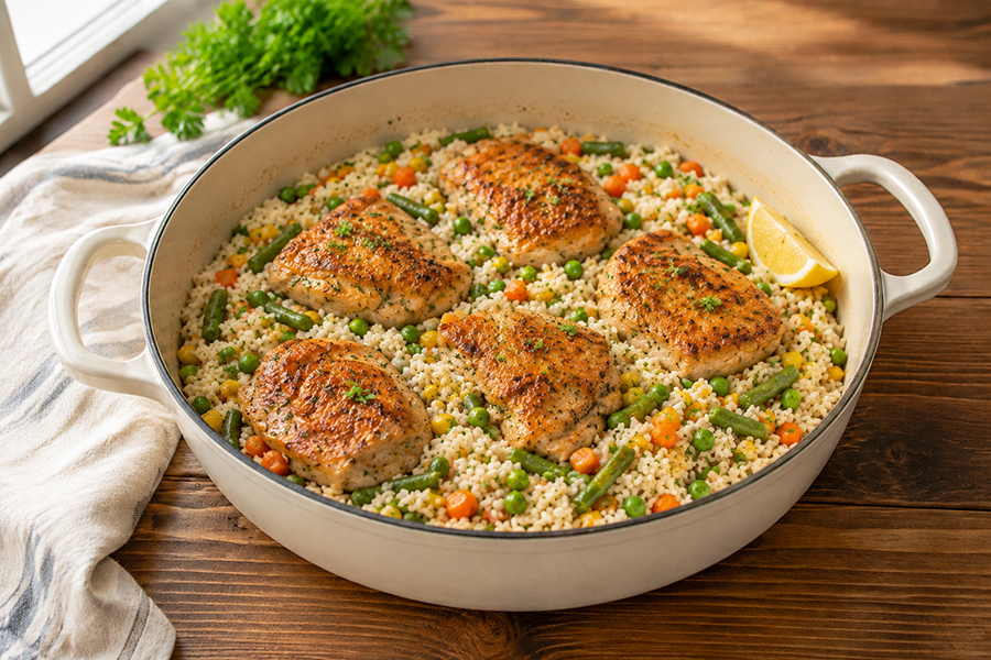 One-pot chicken and rice with frozen vegetables