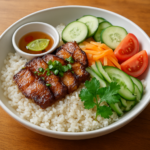 Vietnamese com tam grilled pork with broken rice, pickled vegetables, and cucumber