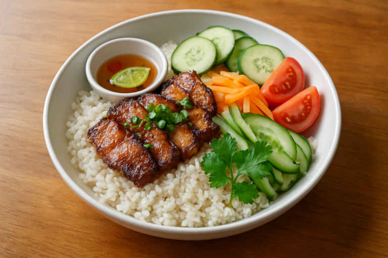 Vietnamese com tam grilled pork with broken rice, pickled vegetables, and cucumber