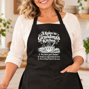 Woman wearing 3 Rules in Grandma’s Kitchen apron