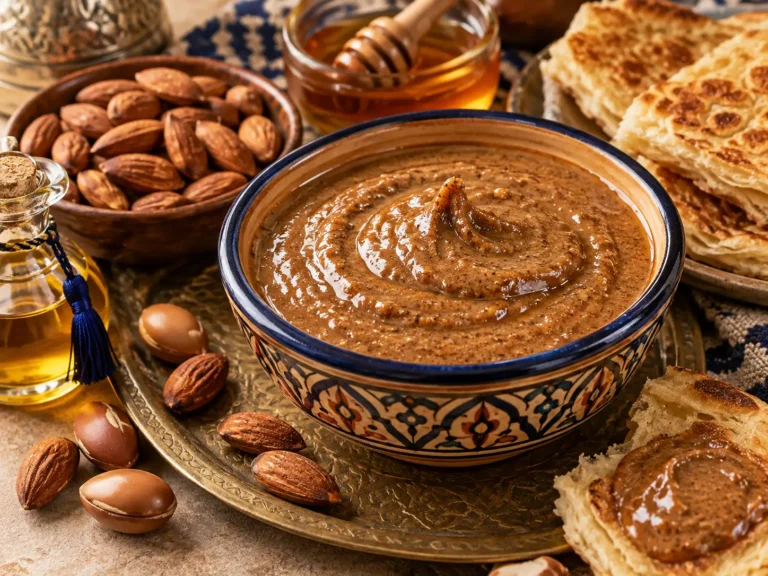 Moroccan amlou recipe with almonds argan oil honey and Moroccan bread