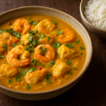 Easy Brazilian vatapá seafood stew with shrimp and white fish in creamy golden coconut sauce