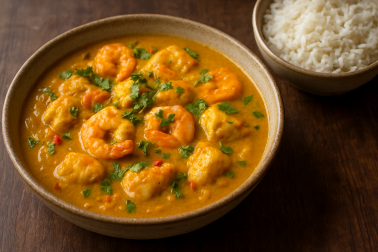 Easy Brazilian vatapá seafood stew with shrimp and white fish in creamy golden coconut sauce