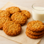Easy Australian Anzac biscuits recipe with golden oat and coconut cookies stacked on parchment paper