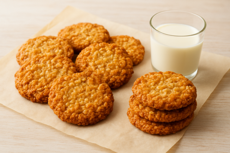 Easy Australian Anzac biscuits recipe with golden oat and coconut cookies stacked on parchment paper