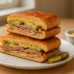 Easy Cuban medianoche sandwich recipe with pressed sweet rolls, pork, ham, Swiss cheese, and pickles