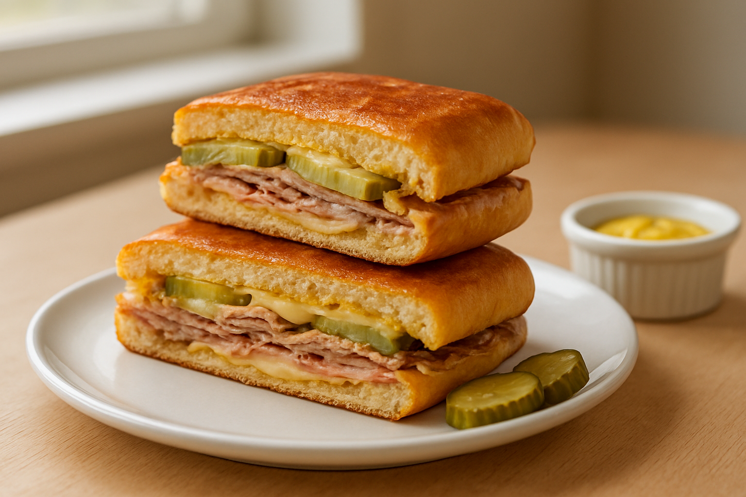 Easy Cuban medianoche sandwich recipe with pressed sweet rolls, pork, ham, Swiss cheese, and pickles