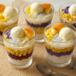 Easy Filipino halo halo dessert recipe served in clear cups with crushed ice, ube, fruit, beans, flan, and ice cream
