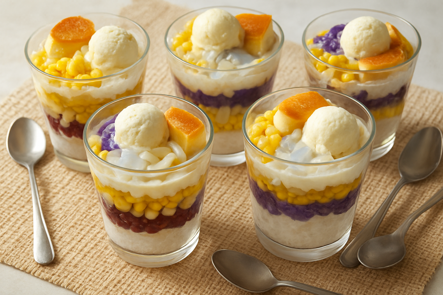 Easy Filipino halo halo dessert recipe served in clear cups with crushed ice, ube, fruit, beans, flan, and ice cream