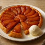 Easy French tarte Tatin recipe with glossy caramelized apples, flaky pastry, and vanilla ice cream