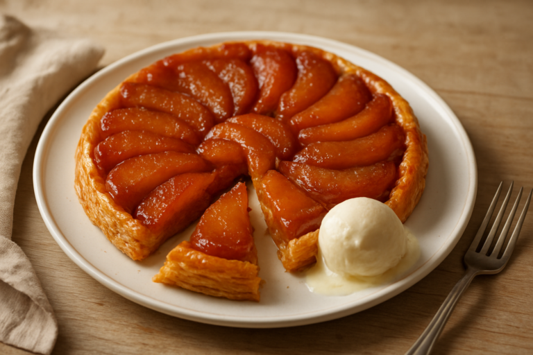 Easy French tarte Tatin recipe with glossy caramelized apples, flaky pastry, and vanilla ice cream