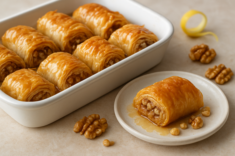 easy greek baklava rolls recipe with Honey and Walnuts