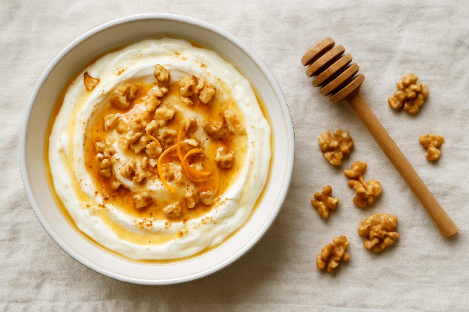 Easy Greek yiaourti me meli recipe with creamy yogurt, honey, walnuts, cinnamon, and orange zest