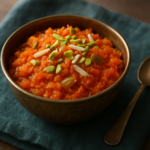 Easy Indian gajar halwa carrot pudding in a brass bowl topped with pistachios, almonds, and raisins