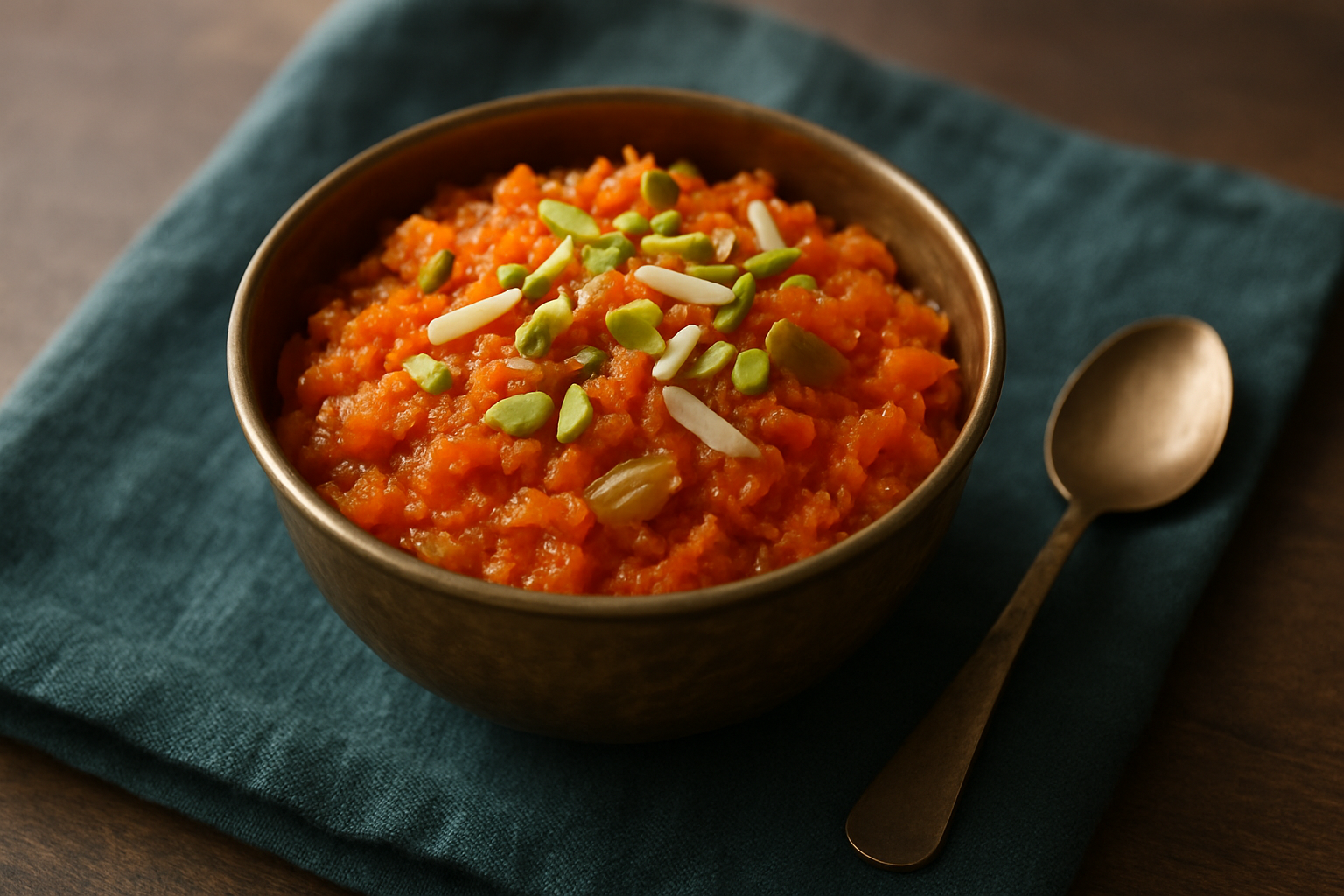 Easy Indian gajar halwa carrot pudding in a brass bowl topped with pistachios, almonds, and raisins
