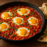 Easy Israeli shakshuka recipe with poached eggs in spiced tomato and pepper sauce