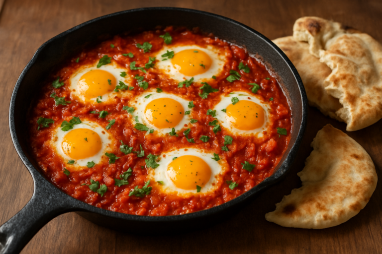 Easy Israeli shakshuka recipe with poached eggs in spiced tomato and pepper sauce