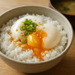 Easy Japanese onsen tamago recipe with creamy slow-cooked eggs over rice, scallions, and sesame