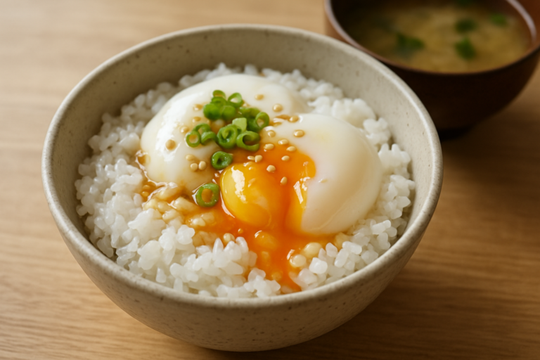 Easy Japanese onsen tamago recipe with creamy slow-cooked eggs over rice, scallions, and sesame