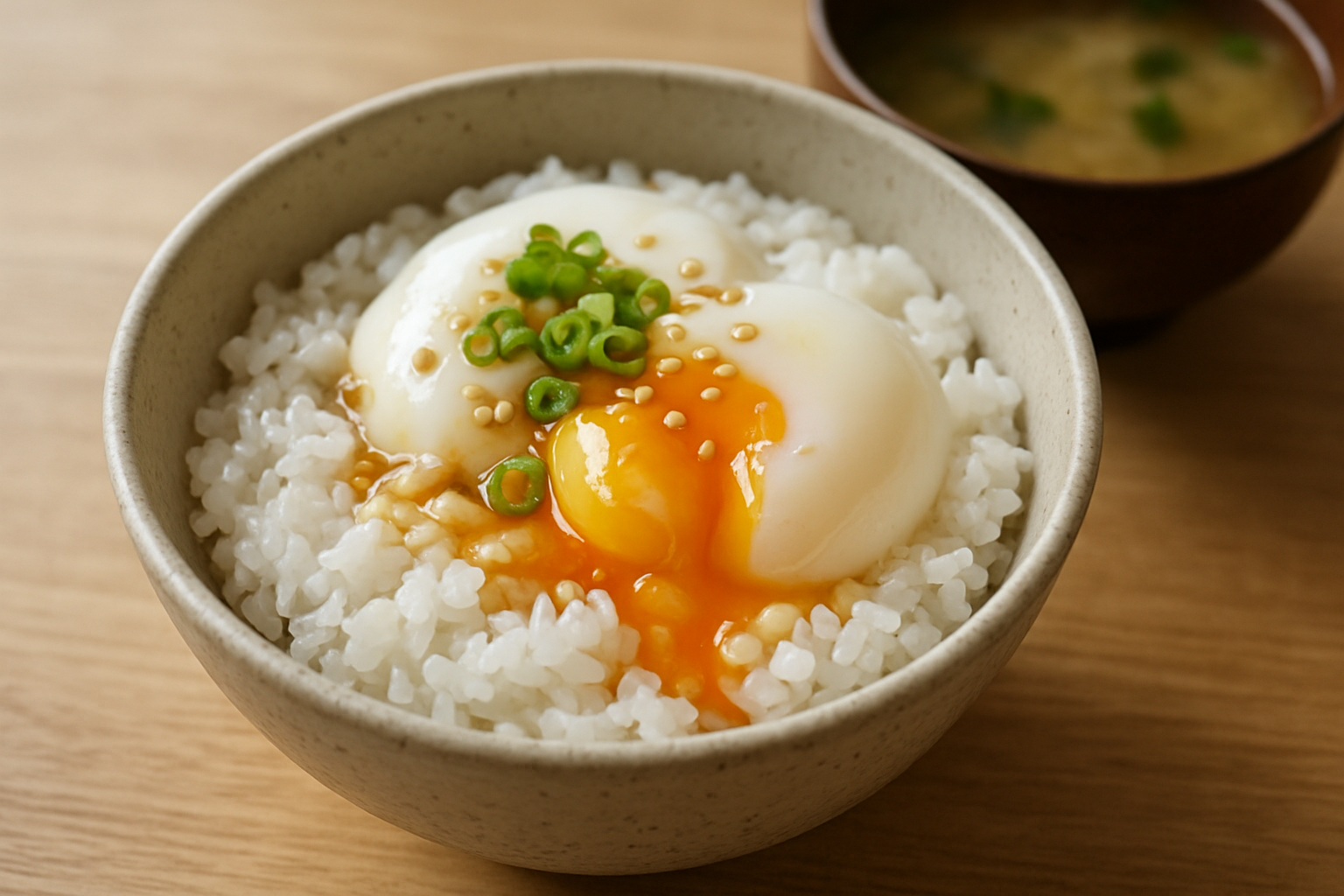Easy Japanese onsen tamago recipe with creamy slow-cooked eggs over rice, scallions, and sesame