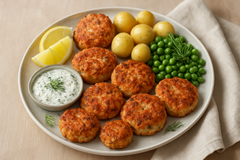 Simple easy norwegian salmon cakes recipe with Dill Sauce for Family Dinner