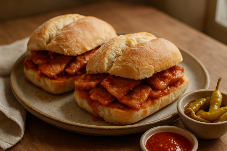 Easy Portuguese bifana sandwich recipe with saucy paprika pork piled into crusty rolls