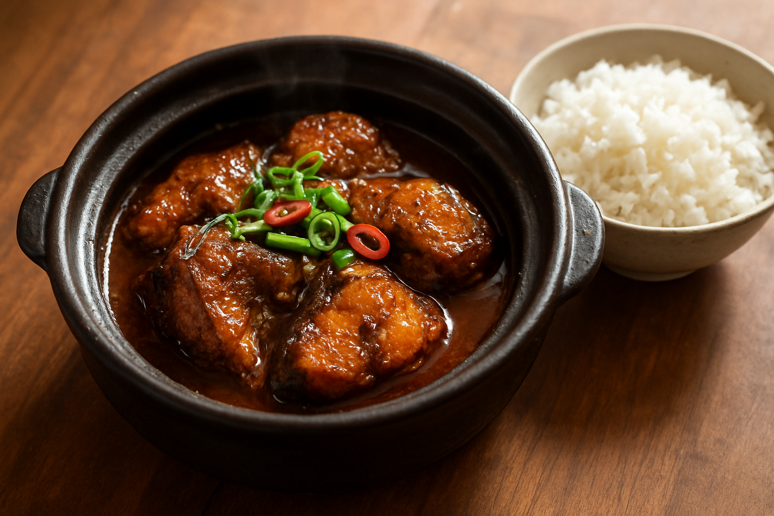 Easy Vietnamese ca kho to recipe with caramelized fish, scallions, chile, and jasmine rice