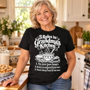Grandma wearing 3 Rules in Grandma’s Kitchen cooking shirt
