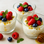 Easy Italian ricotta honey dessert recipe served in glass cups with berries, pistachios, and honey drizzle