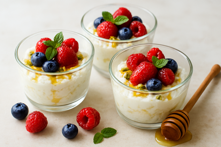 Easy Italian ricotta honey dessert recipe served in glass cups with berries, pistachios, and honey drizzle