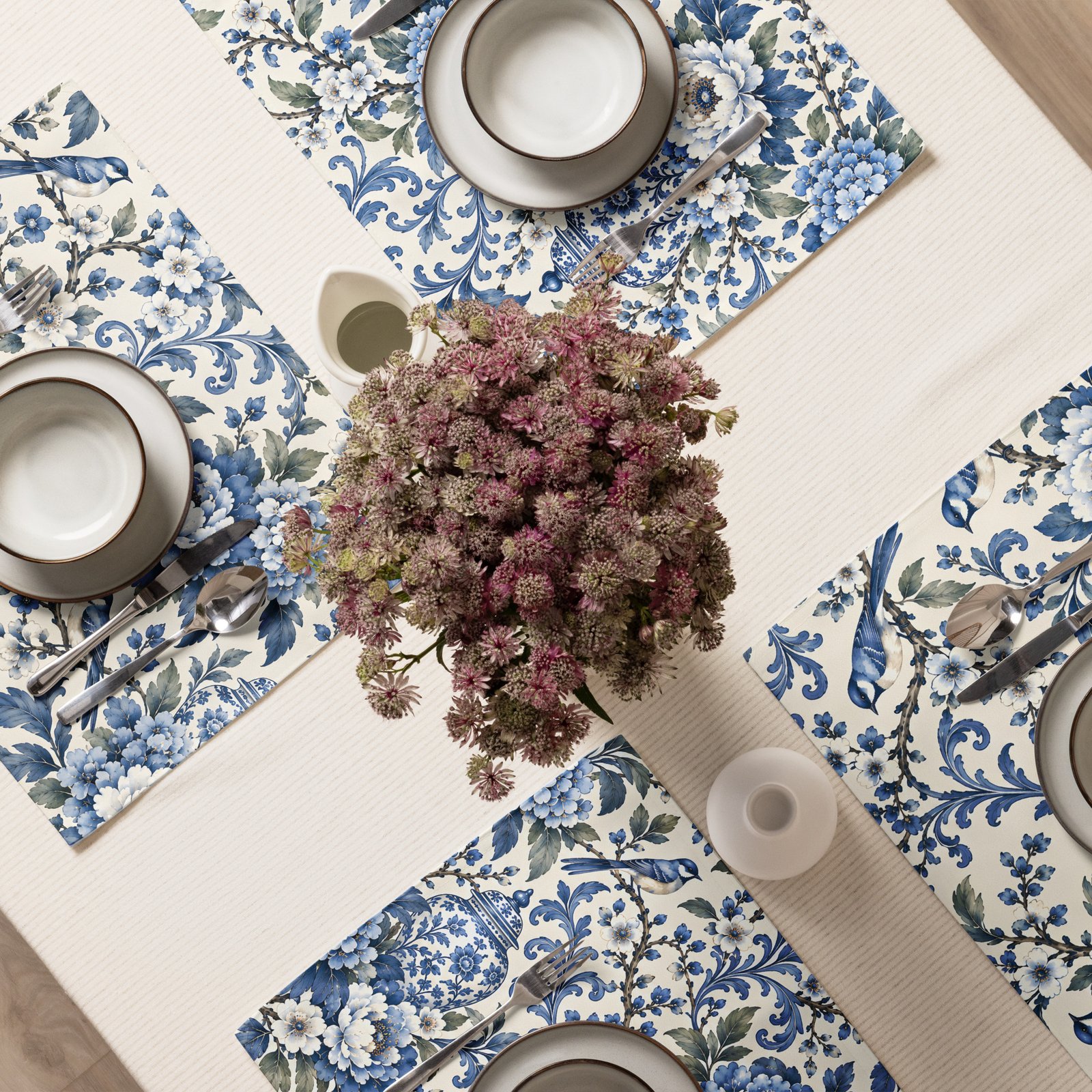 Blue chinoiserie floral bird placemats set of 4 by Family Flavor Atlas