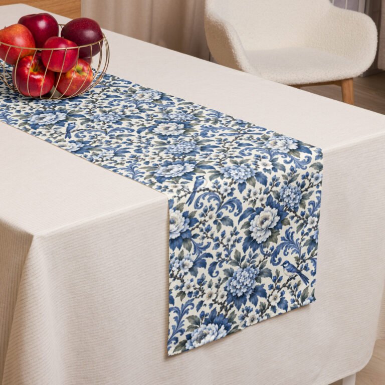 Blue Chinoiserie Table Runner – Elegant Blue Floral Dining Decor